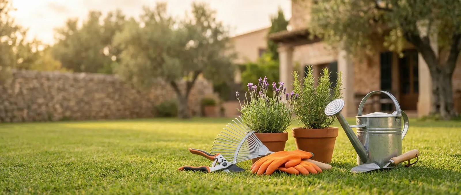 Jardiner de Jardiners J&J podant en una urbanització en pendent d'Esparreguera amb la muntanya de Montserrat al darrere