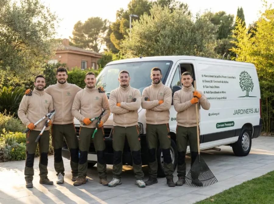 Equip de Jardiners J&J treballant al jardí d'un xalet d'una urbanització de muntanya a Esparreguera